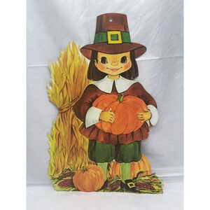 Thanksgiving Paper Wall Decoration 16”  Die Cut Pilgrim Pumpkin Harvest 1970